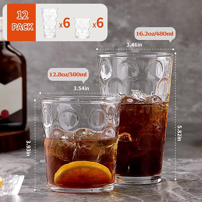 Moretoes Circle Drinking Glasses Set of 12,Clear Water Glass Cups | Mixed Glassware Set,16 Oz Highball Tumblers &12 Oz Rock Whiskey for Cocktail, Whisky and Other Beverages