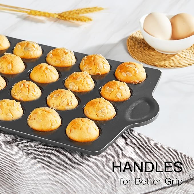 Mini 24 Muffin & Cupcake Pans with 240 Liners, Nonstick, Non-toxic | Heavy-duty Small Cheesecake Tray with Ear Shaped Wider Grips, 1.8dia, Grey, Premium