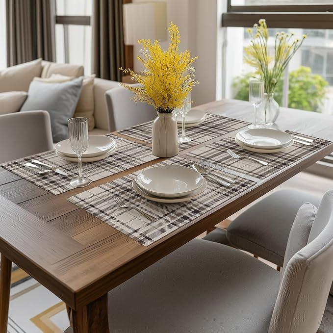Artoid Mode Stripe Plaid Vinyl Placemats Set of 4, 12x18 Inch Thanksgiving Washable Non-Slip Heat Resistant Plastic Place Mats for Party Dining Table, Brown