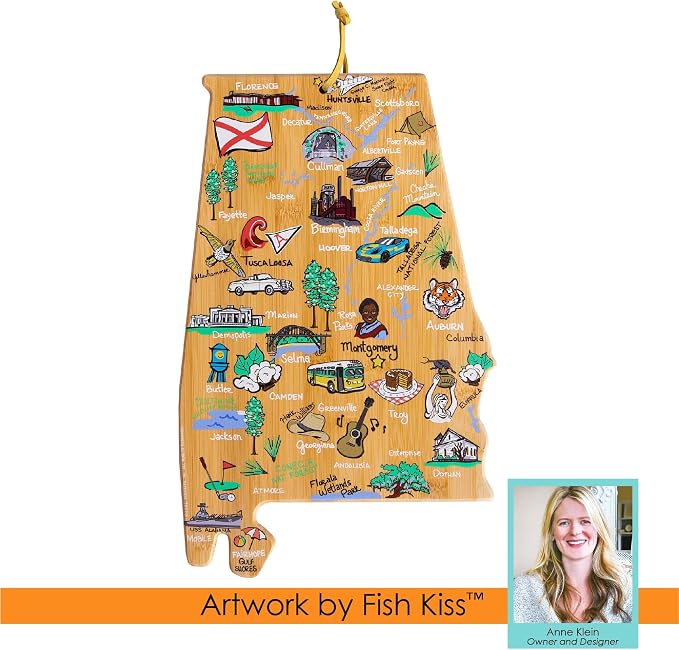 Totally Bamboo Alabama State Shaped Cutting Board, Art by Fish Kiss | State charcuterie board with colorful hand-drawn map artwork. Smooth reverse side for food prep. Hang tie for wall display.