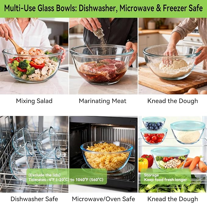 YUANYE 5 Pack Glass Mixing Bowls with Lids Set (5QT/2.5/1.5/0.9/0.6QT), Thick Glass Large Salad Bowl Set, Nesting Kitchen Bowls for Serving,Prepping,Cooking and Baking,Dishwasher,Oven,Microwave Safe