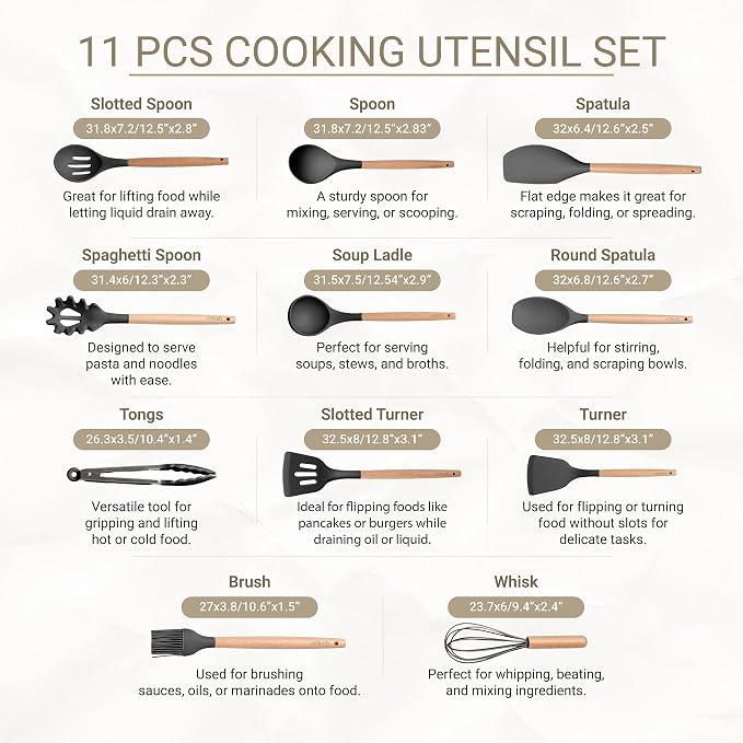11-Piece Silicone Kitchen Utensils Set with Non Toxic Spatula, Tongs, Whisk, Turner & Ladle – Heat Resistant, Non-Scratch Cooking Tools with Wooden Handles, BPA-Free, Dishwasher Safe (Black)