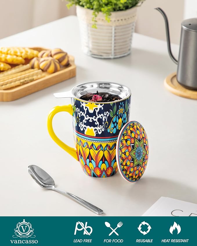 vancasso 18 Oz Tea Infuser Mug with Lid, Golden Lotus Mirage | Eye-Catching Bohemian Pattern, Adds Charm to Any Tea Corner, Ceramic Mug with Infuser, Microwave and Dishwasher Safe