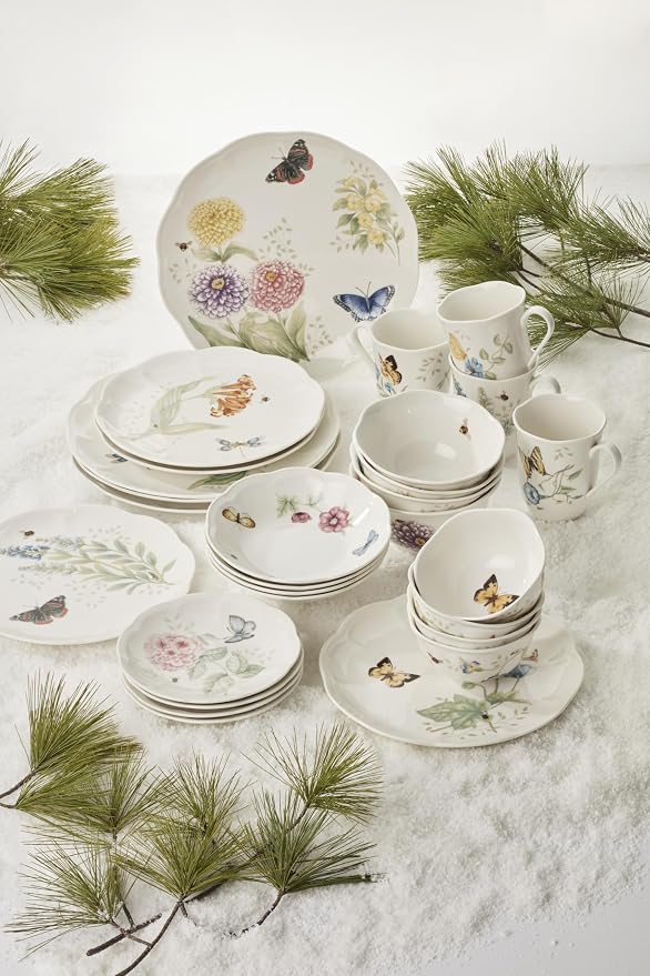 Lenox Butterfly Meadow Porcelain 28-Piece Dinnerware Set for 4 | ceramic, dishwasher safe, microwave safe | plates and bowls sets for kitchen and dining | 11 inch plate