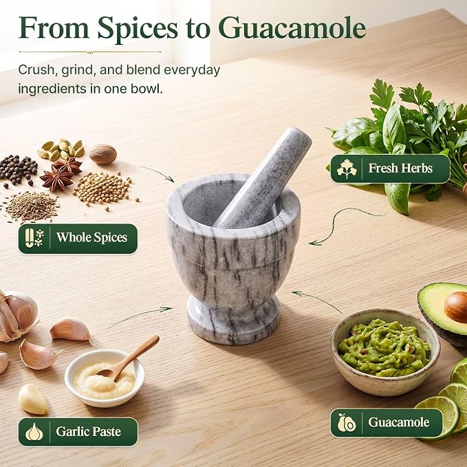 Flexzion Mortar and Pestle Set, White - Solid 4 inch Heavy Granite Molcajete Stone Grinder Crusher Bowl for Guacamole, Herbs, Spices, Garlic, Medicine Pills, Grain, Kitchen, Cooking | Crush Herbs, Spices and Garlic or Prepare Guacamole In a Compact Gri...