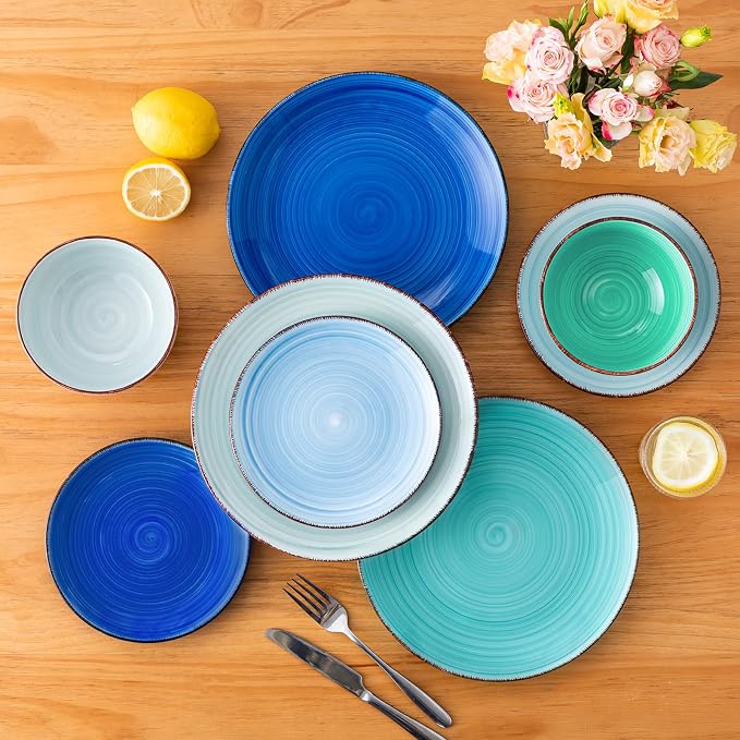 vancasso Bonita Plates and Bowls Set 18 Pieces Blue Stoneware Service for 6 | Modern Round Dinnerware Sets, Hand-Painted Spiral Dishes Set-Microwave and Dishwasher Safe (Blue,18 Pcs)