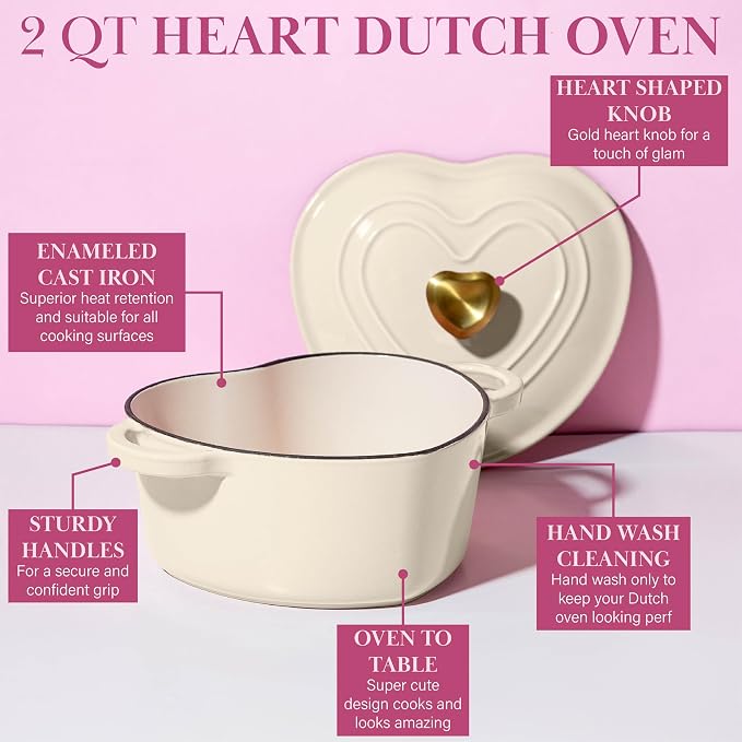 Paris Hilton Enameled Cast Iron Dutch Oven Pot with Lid, Heart-Shaped Dutch Oven, Durable Cast Iron Pot with Dual Handles, Oven Safe to 500°F, Works on All Stovetops, 2-Quart, Cream