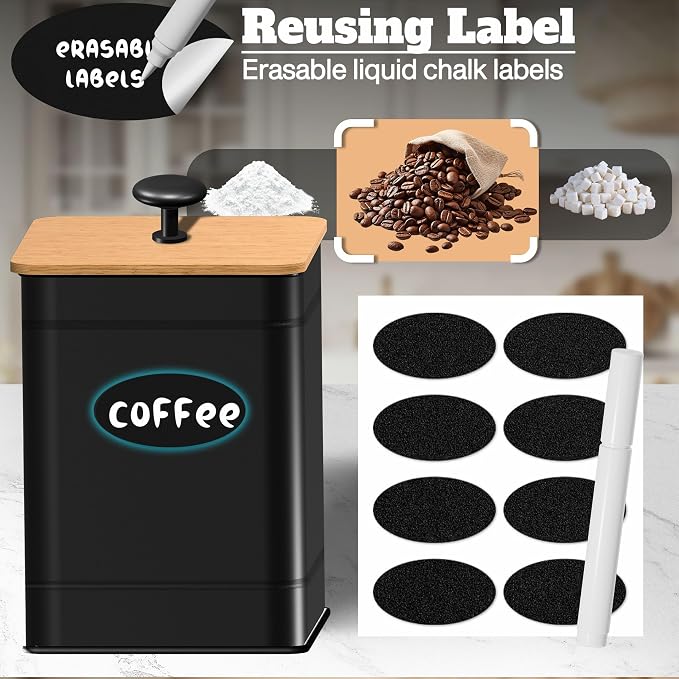 Kitchen Canister Set of 4, Black Airtight Metal Flour Sugar Containers | Flat Bamboo Lids, Reusable Labels & Marker, Wide Openings, Coffee Tea Containers, Kitchen Countertop and Pantry Organized