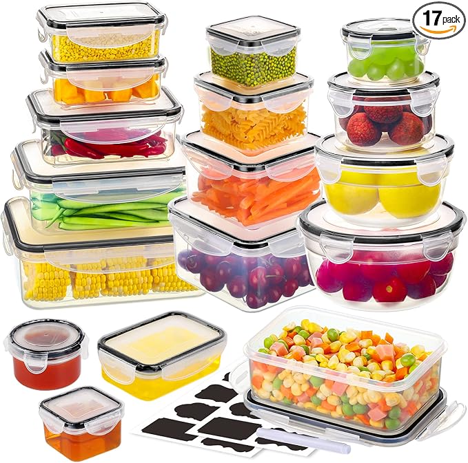 34 PCS Food Storage Containers with Lids Airtight(17 Lids &17 Containers) - Microwave/Dishwasher Safe 100% Leakproof Storage Containers for Meal Prep Kitchen Storage Organization with Labels & Pen