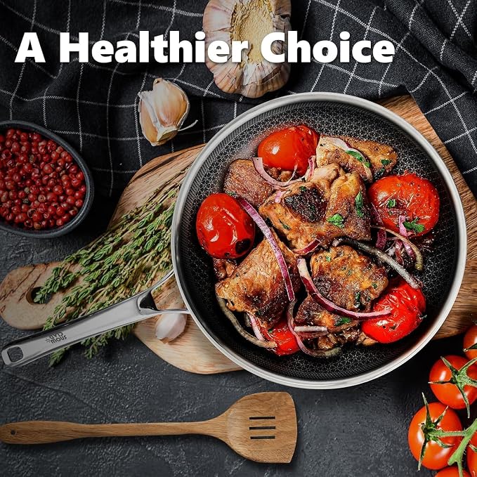 OATOFP Non Stick Stainless Steel Skillets 12 inch, Hybrid Frying Pan with Lid, PFOA Free Cookware, Dishwasher and Oven-Safe Chef Pan