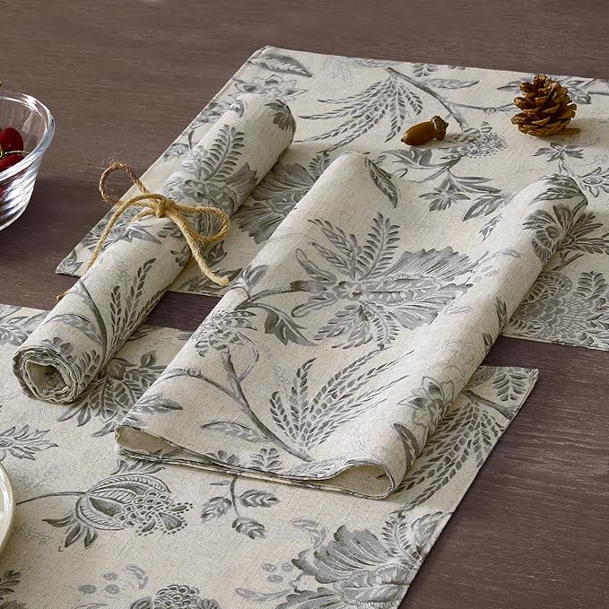 JINCHAN Sliva Linen Floral Placemats Set of 4 Farmhouse 13x19 Inch Grey | Fabric Placemats, Cottage Style, Painterly Floral Pattern, Machine Washable, Easy to Store, Reusable