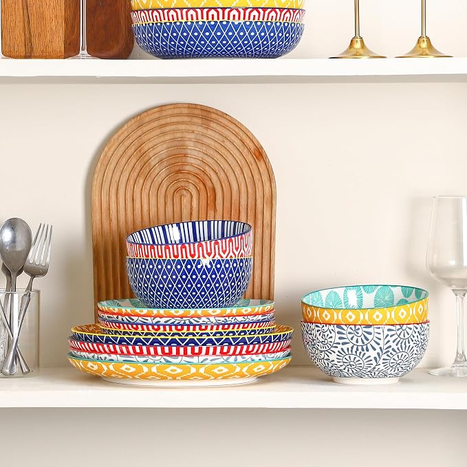 Selamica Ceramic Plates and Bowls Sets,18 Pieces Dinnerware Sets for 6,Dishwasher & Microwave Safe dish set,Family & Holiday Dining, Assorted Colors