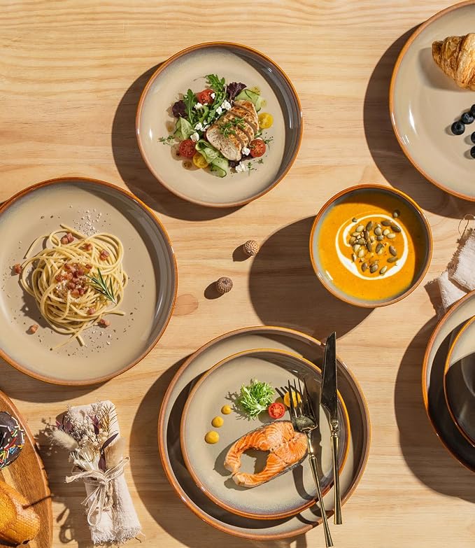 Ceramic Dinnerware Set for 4, 12-Piece Plates and Bowls Set | Handmade Reactive Glaze Dish Set, Scratch Resistant, Oven & Microwave & Dishwasher Safe, Creamy Amber