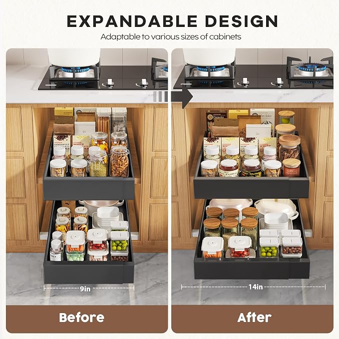 Seinloes 2 Pack Pull Out Cabinet Organizers 21" Deep With Raising Pad for Framed Cabinets, Expandable Width (9"-14") Slide Out Drawers Upgrade 3 Slide Rails, Roll Out Shelves Adhesive, Black