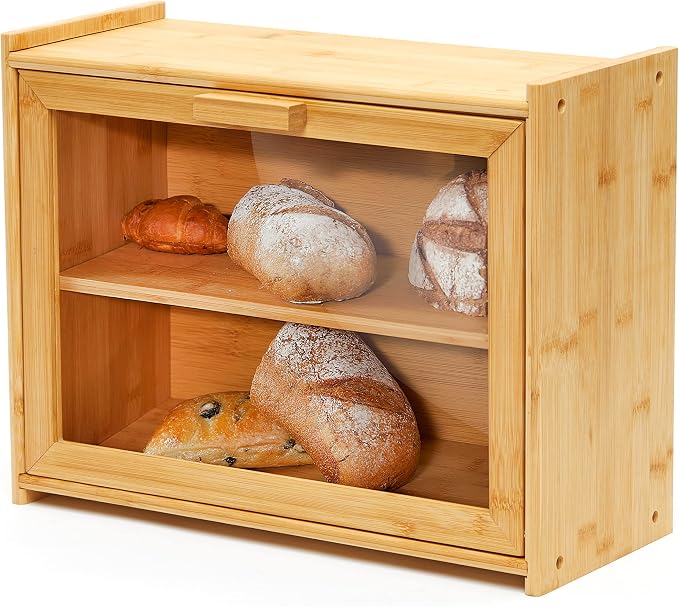 Premium Bamboo Double Layer Bread Box With Clear Window | Bread Storage And Organizer for Kitchen Countertop, Bread Container, Assembly Required