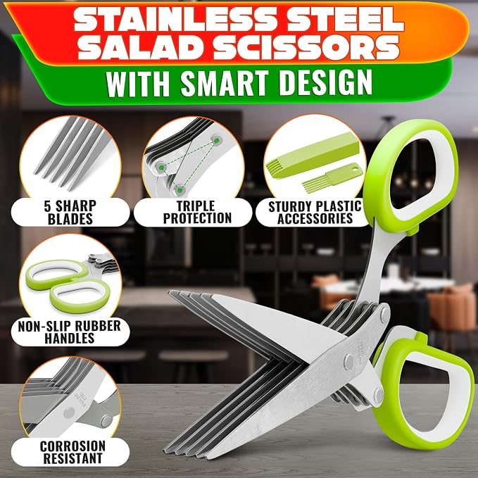 Herb Scissors with 5 Blades and Cover, Cleaning Brush, Even Cuts | Cilantro Cutter for Kitchen, Stainless Steel with Non-Slip Handle; Green Onion Scissors for Parsley, Salads and Greens