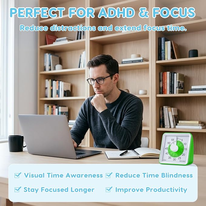 Secura Visual Timer for Kids, 60 Minute Classroom Countdown Timer for Study | Non-Ticking, Adjustable Alarm Volume/Duration, Low Power Reminder, Time Management Tool for ADHD (Green & Green)