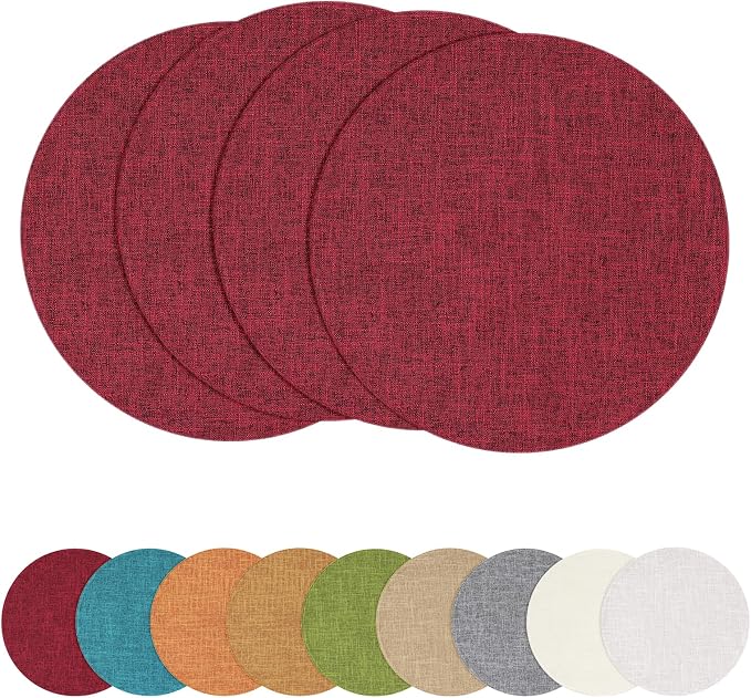Cotton Linen 15 Inch Round Cloth Place mats, Set of 4, Red | Washable Table Mats, Heat Resistant, Reversible, Wipeable Place Mats for Indoor Outdoor