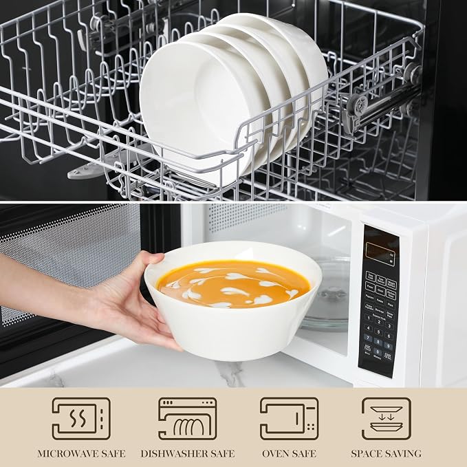 MALACASA 60 OZ Large Salad Soup Bowls Set of 4, White Ceramic Bowls | Deep Bowls for Kitchen, Family Salad, Ramen, Pasta, Pho, Fruit, Microwave & Dishwasher Safe Gift Set, Series REGULAR