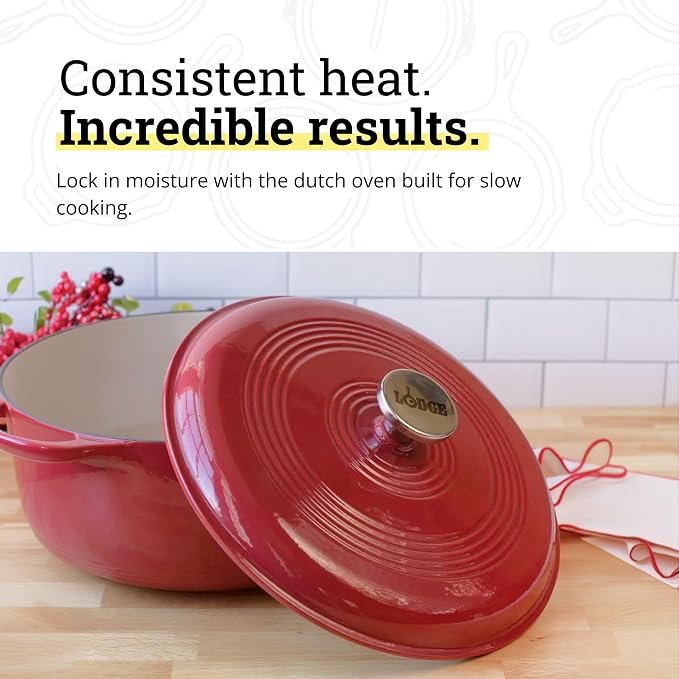 Lodge Essential Enamel Cast Iron Dutch Oven 6 Quarts - Perfect for Bread Baking, Braising, Marinating & Slow Cooking, Features Moisture-Sealing Lid & Dual Handles, Kitchen Essentials, Cranberry