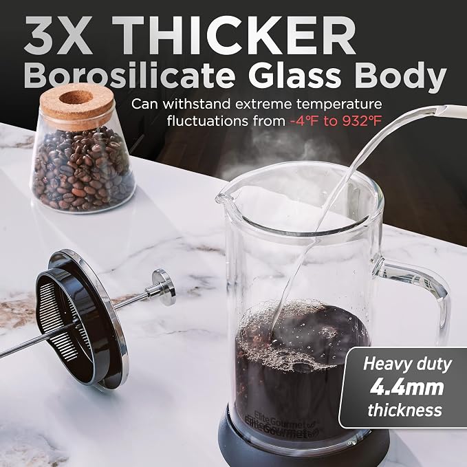 Elite Gourmet FP1223 French Press Coffee Maker, 1-Liter Glass Carafe | Double-wall insulated borosilicate glass, dishwasher-safe steel filter/plunger, removable silicone base - easy to clean