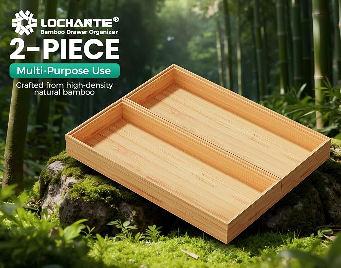 Bamboo Kitchen Drawer Organizer Set of 2, 15" x 6" Stackable Wood Tray | Silverware Utensil Tray for Drawers Bins, Cutlery & Flatware Storage, Wooden Boxes Organizers for Junk Drawer, Bathroom, RV