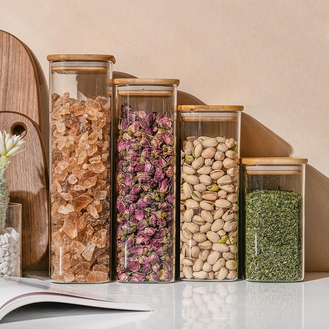 D2scrma 64oz Rectangle Airtight Glass Storage Containers with Bamboo Lids (Set of 4), Square Food Storage Jar, Pantry Organizers for Cereal, Flour, Pasta and Coffee beans (‎with Black Lable)