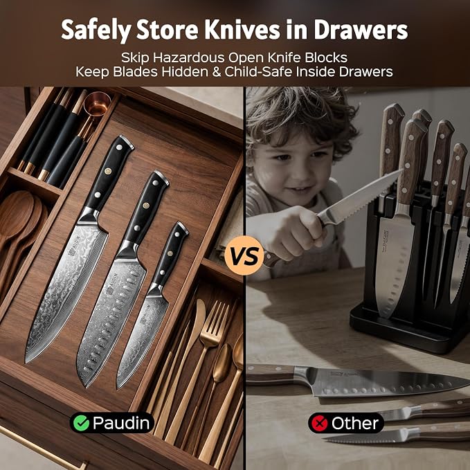 PAUDIN Damascus Knife Set 3 PCS, Japanese VG10 Steel Core, Ultra Sharp Chef Knife Set, Full Tang G10 Handle, Damascus Kitchen Knives | 67-Layer Forged Kitchen Knife Set, Japanese VG10 Steel Core, Full Tang G10 Handle