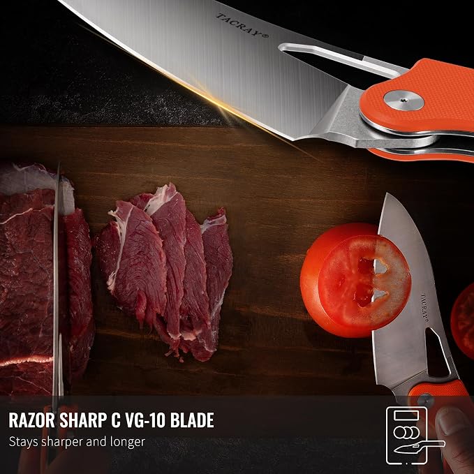 Folding Kitchen Chef Knife, 4.4" Foldable Camping Knife with 10cr15mov Stainless Steel Blade, Anti-skidding and Ergonomic Designed G10 Handle for both Indoor and Outdoor Cooking
