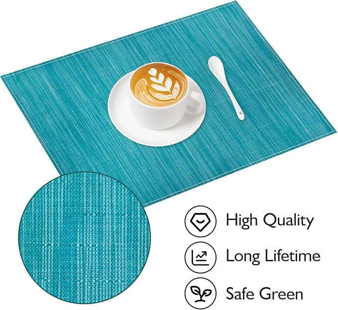 Teal Blue Placemats Set of 6, 12x18 Inch Washable Easy to Clean Heat-Resistant Anti-Skid Teal Blue Placemats for Holiday Party Kitchen Dining Room Decoration