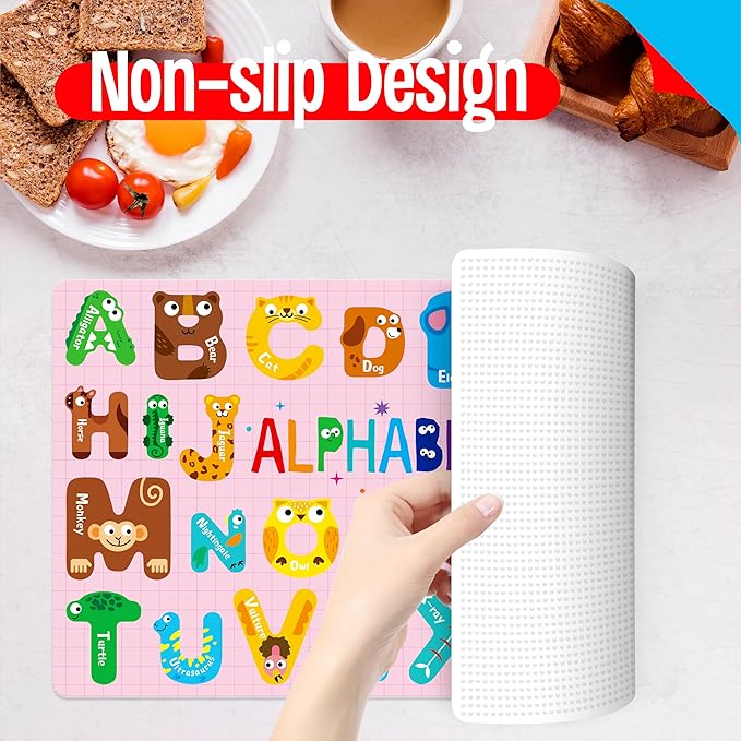 6 Pack Placemats for Kids, Non-Slip Washable, Reusable Alphabet, Number, Shape & Color, Universe, Map Themed Educational Placemats for Home, Kindergarten, Classroom, Nursery