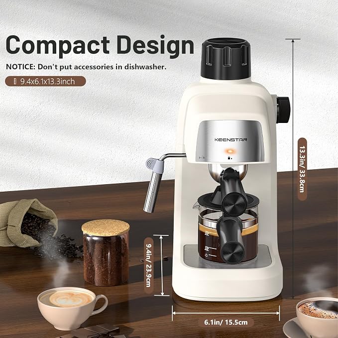 KEENSTAR Espresso Machine 3.5Bar, Compact Expresso Coffee Machines 4-Cup | Milk Frother, 800W Fast Heating, Brew Latte & Cappuccino, Espresso Maker for home, for Coffee Lover, White