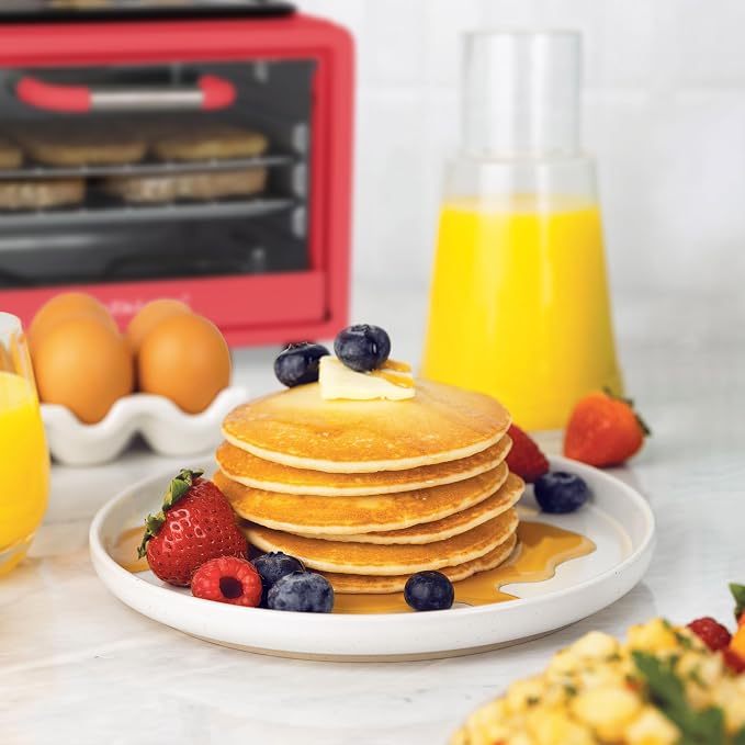 Nostalgia 3-in-1 Retro Breakfast Station - Includes 5 (4 Oz) Cup Coffee Maker, Non-Stick Ceramic Griddle, and 4-Slice Toaster Oven - Built-In Timer, Reusable Coffee Filter, Space-Saving Design - Red
