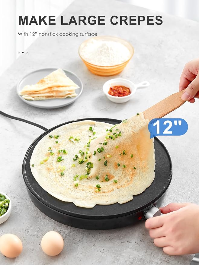 Reemix Crepe Maker Machine, Compact Pancake Griddle | Precise Temperature Control, Nonstick 12” Electric Griddle, Batter Spreader for Eggs, Pancakes, Omelets and Quesadillas