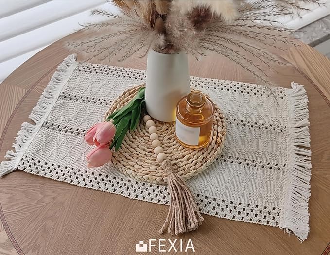 Beige Boho Placemats Set of 4 Table Mats Farmhouse Home Dining Decor | 12x20" Place Mat Set of 4 Macrame Table Decor Farmhouse Burlap Placemats for Home Dining Table Centerpiece Home Decorations