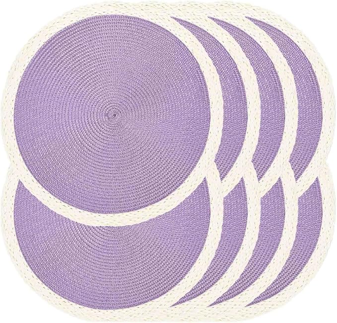 Round Placemats Set of 8, Woven Table Mats, Mint Purple | Braided Paper Edge, 15 Inch Diameter, Fits Dinner Plate and Flatware, Wipeable, Heat Resistant, Indoor Dining, Outdoor Patio