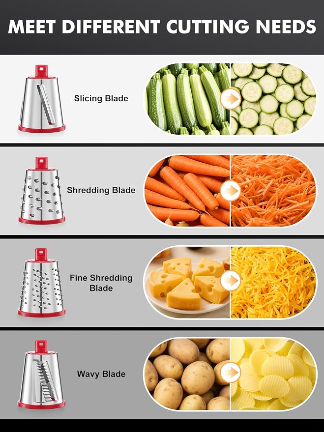 GDL Upgraded Cheese Grater Shredder Hand Crank, Vegetable Slicer, 4 Blades | 18x Faster Cutting, Stronger Suction Base, No BPA, Stainless Steel Blade, Dishwasher Safe, For Cheese & Veggies & Nuts