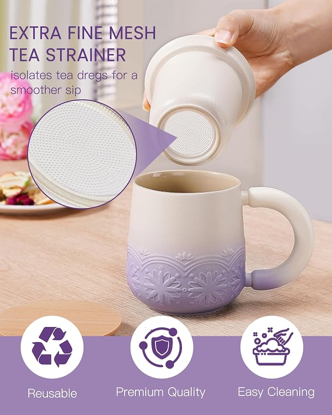 ZENS Tea Mug with Infuser and Lid for Loose Tea Diffusers, 12oz Purple | Embossed Ceramic Tea Cup with Infuser for Herbal Tea Steeper, Tea Lovers Gifts, Japandi Style Sunflower