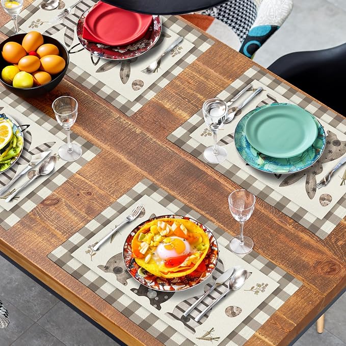 Easter Bunny Buffalo Plaid Placemats Set of 4 Rabbit Spring Egg Dining Table Placemats 12x18 Inch Check Brown White Heat Resistant Washable Table Mats for Kitchen Dining Holiday Indoor