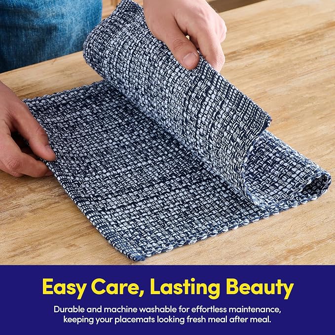 Sweet Home Collection 100% Cotton Placemats for Dining Room Rectangle Two Tone Woven Fabric 13" x 19" Soft Durable Table Mat Set, Set of 6, Navy