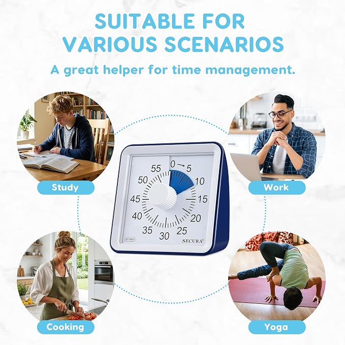 Secura Visual Timer for Kids, 60 Minute Classroom Countdown Timer for Study | Non-Ticking, Adjustable Alarm Volume/Duration, Low Power Reminder, Time Management Tool for ADHD (Navy Blue & Navy Blue)