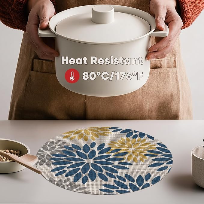 Artoid Mode Navy Yellow Dahlia Plastic Round Placemats Set of 4, 14 Inch Seasonal Wipeable Woven Vinyl Table Mats for Farmhouse Party Kitchen Dining Decor