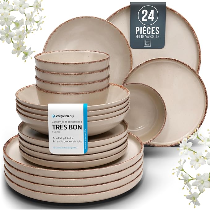 Stoneware dinnerware set 6 persons Rustic 24 pcs - High quality Mediterranean stoneware dinnerware set - bowl and plate set - dinner service 6 persons - Pure Living dinnerware sets in beige