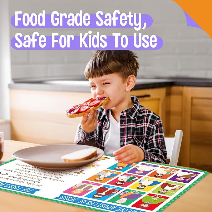 6 Pack Placemats for Kids, Non-Slip Washable Table Mats, Reusable Bible Themed Dining Mat, Educational Placemats for Home, Kindergarten, Classroom, Nursery
