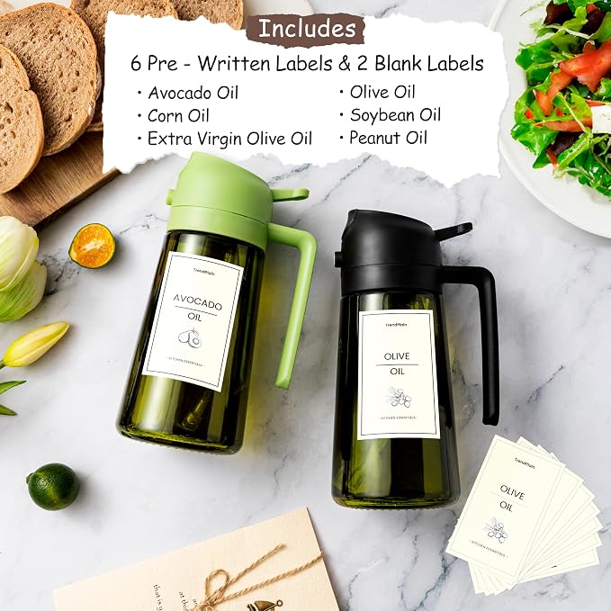 TrendPlain - Original 16oz/470ml Olive Oil Dispenser Bottle for Kitchen Gadgets and Air Fryer Accessories - Olive Oil Sprayer for Cooking w/Stickers - White