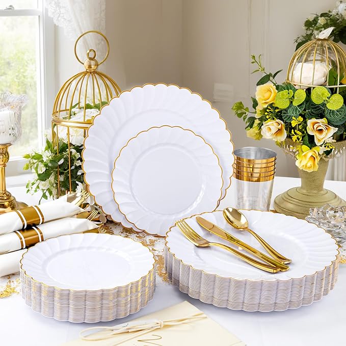 YOUBET 350PCS White and Gold Scalloped Plastic Plates for Wedding Party | White and Gold Disposable Dinnerware Set Include 100 Plates, 150 Gold Silverware, 50 Cups, 50 Napkins