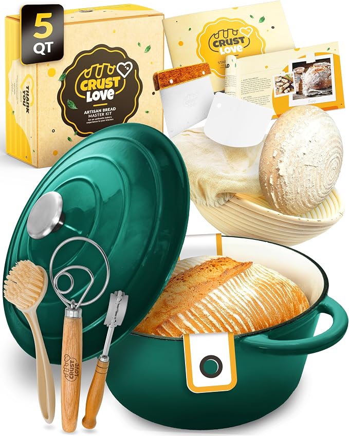 5 QT Enameled Dutch Oven for Bread Baking with Lid & Baking Set | Sourdough Dutch Oven for Bread Baking, Cast Iron Bread Oven with Lid, Banneton, Bread Sling, Lame, Dough Whisk & Clear Guide