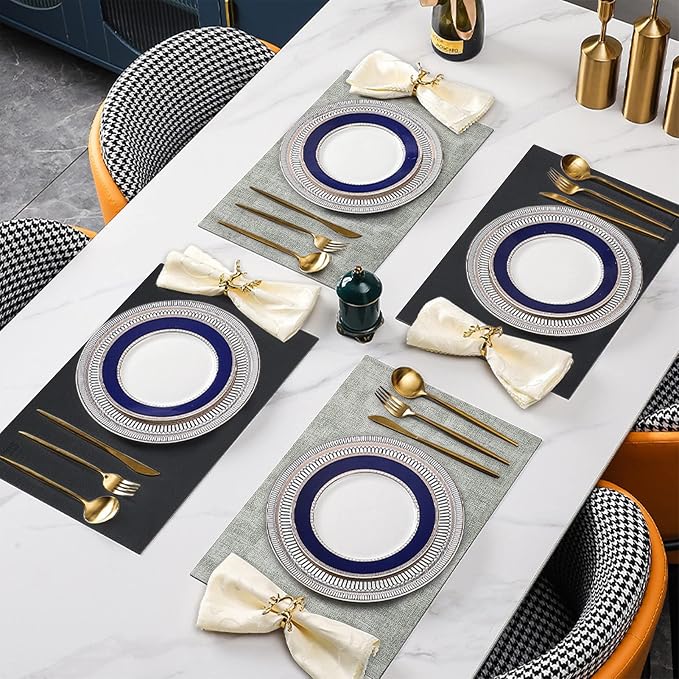 Leather Placemats Table Mats Set of 6, Black & Gray | Reversible Non-Slip Table Placemats, Heat-Resistant and Waterproof for Dining Kitchen and Holiday Parties