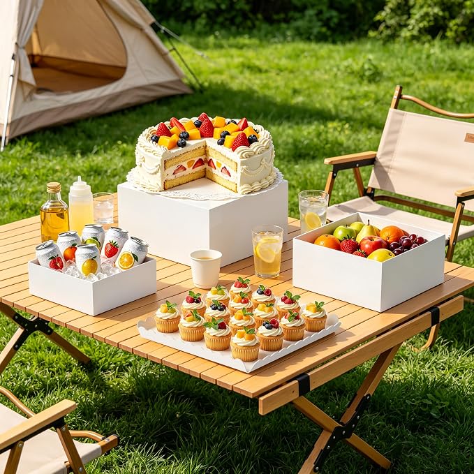Acrylic Buffet Risers, 4 PCS White Large Food Display Stands for Party Table, Display Risers Cube Box with Hollow Bottom for Dessert Catering Party Supply, Square Scalloped Acrylic Serving Tray for Cupcake