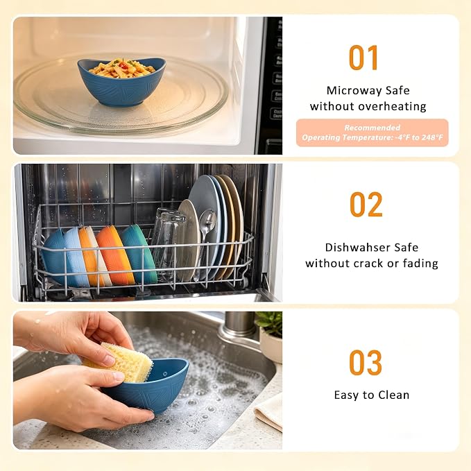 10oz Wheat Straw Bowls Set of 6, Unbreakable Small Plastic Bowls Reusable for Snack, Dessert, Ice Cream, Kitchen Prep Bowls, Microwave & Dishwasher Safe Mini Bowls for Party, Camping - Multi